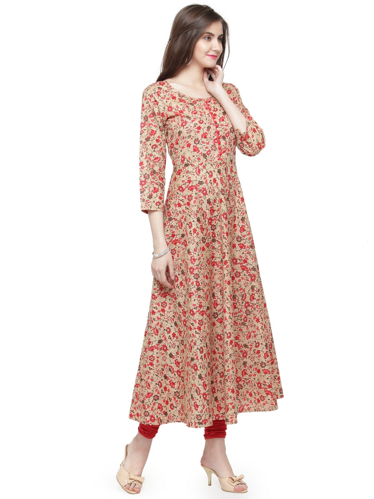 Jompers Women Red & Beige Printed A-Line Kurta - Swadesiicart