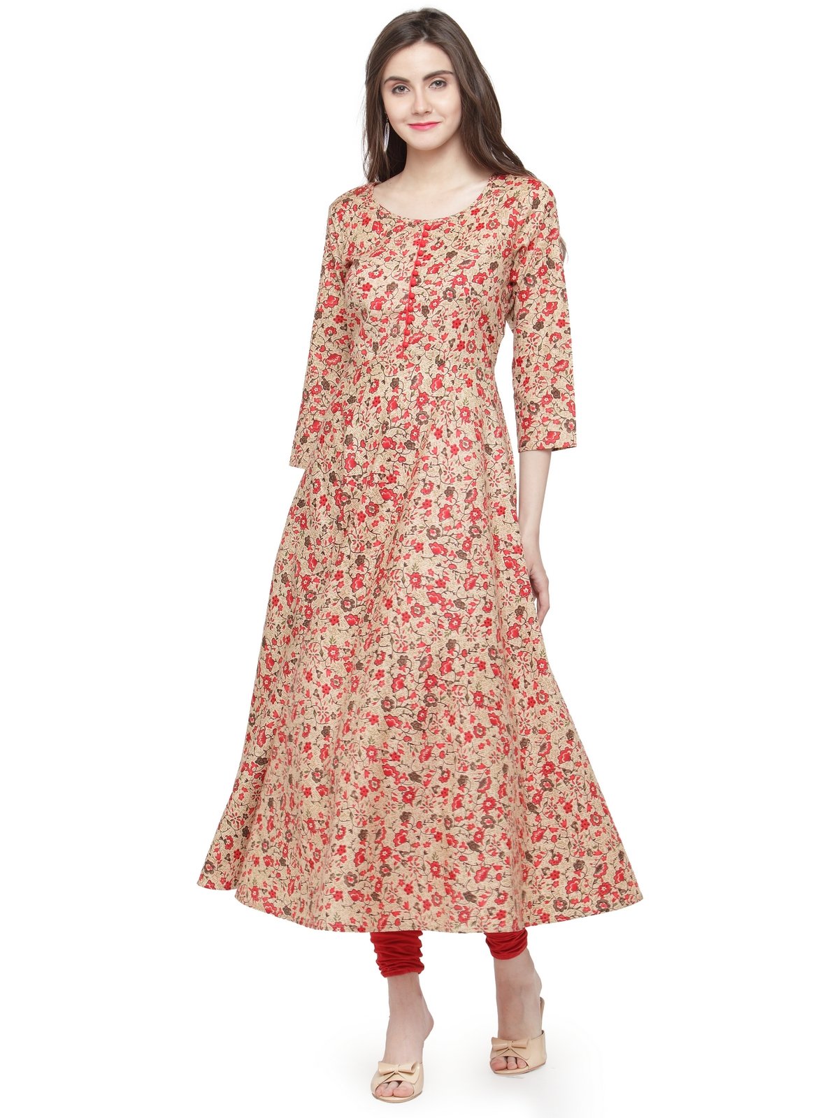 Jompers Women Red & Beige Printed A-Line Kurta - Swadesiicart