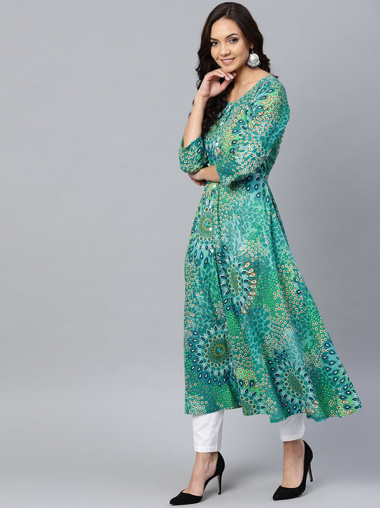 Jompers Women Green & White Printed Flared Kurta - Swadesiicart