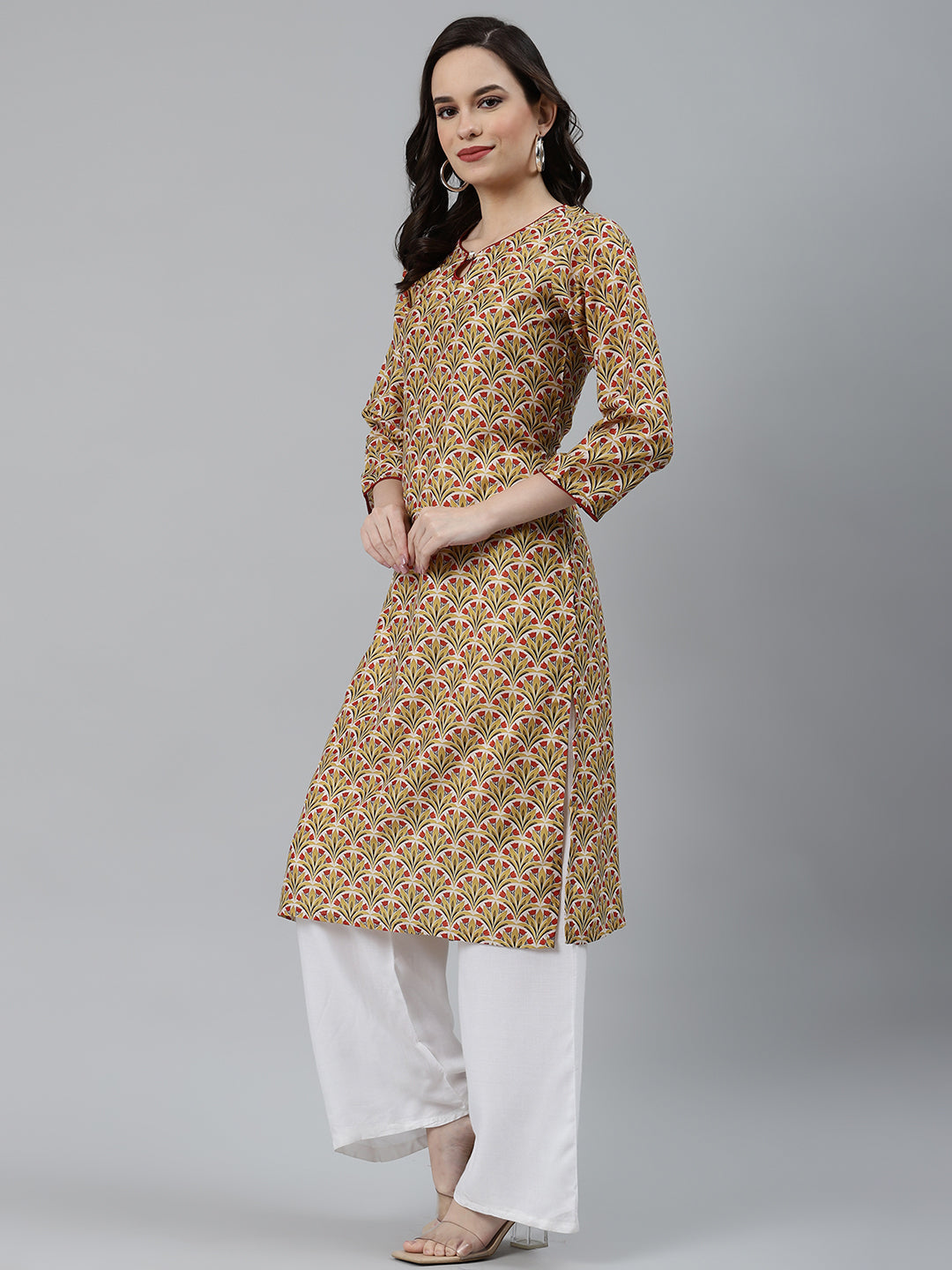 Jompers Women Yellow & Maroon Floral Printed Keyhole Neck Kurta | Swadesiicart