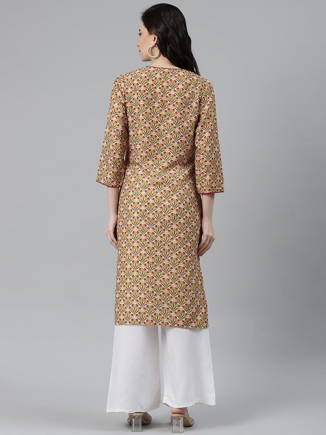 Jompers Women Yellow & Maroon Floral Printed Keyhole Neck Kurta | Swadesiicart