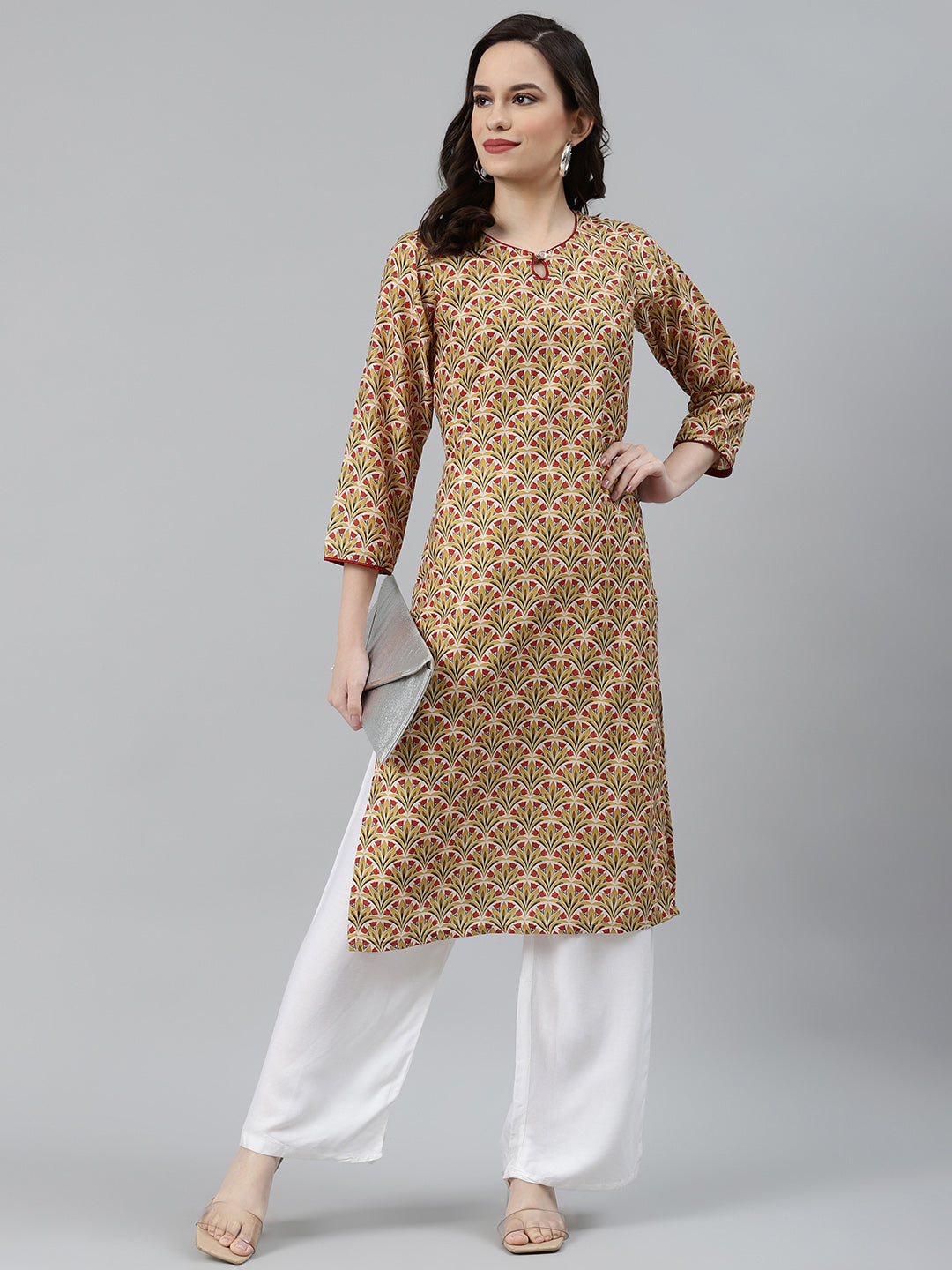 Jompers Women Yellow & Maroon Floral Printed Keyhole Neck Kurta | Swadesiicart