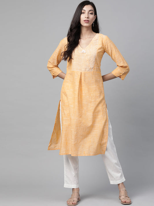 Jompers Women Yellow Pure Cotton Striped Pleated Kurta | Swadesiicart