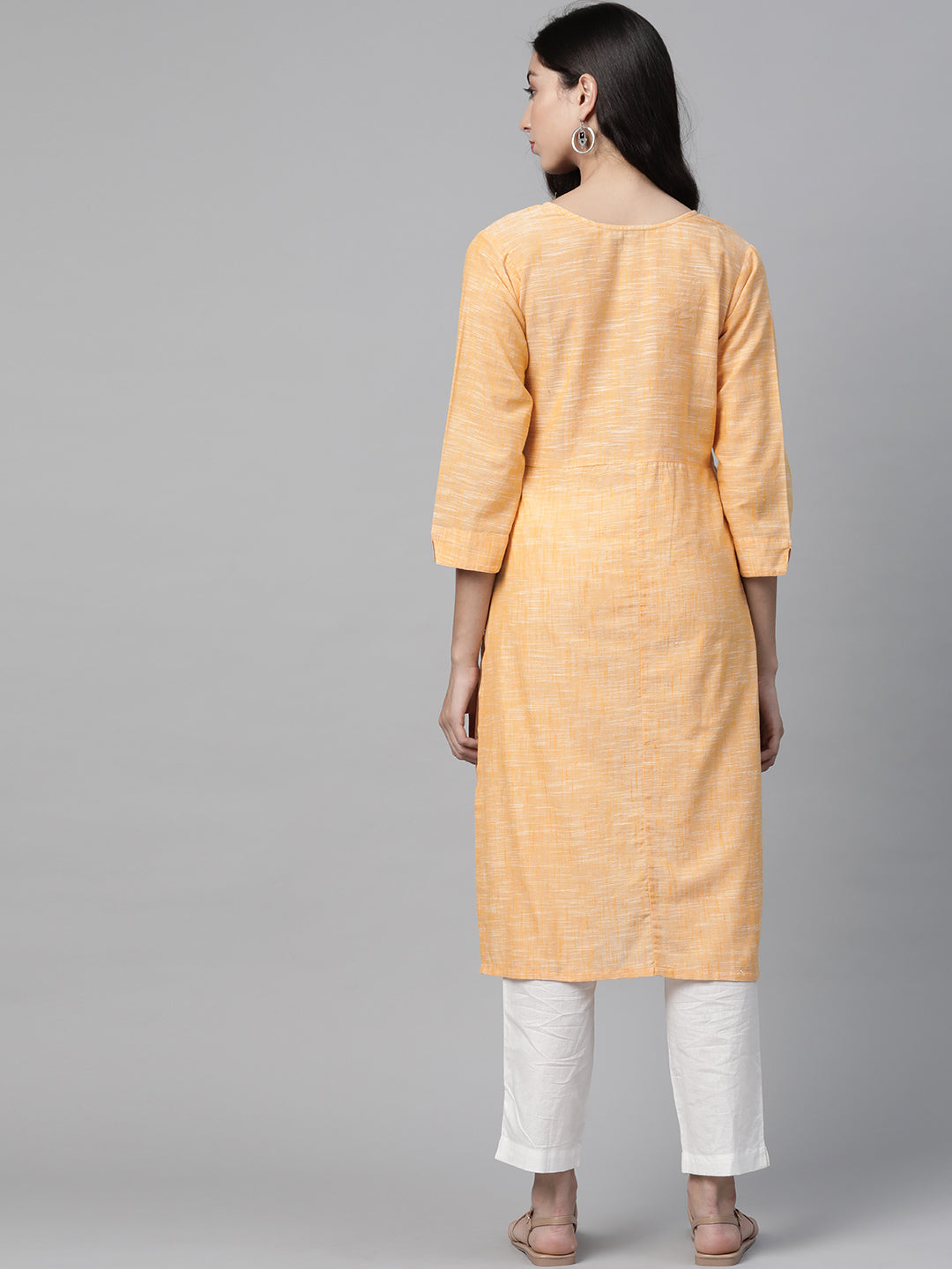 Jompers Women Yellow Pure Cotton Striped Pleated Kurta | Swadesiicart