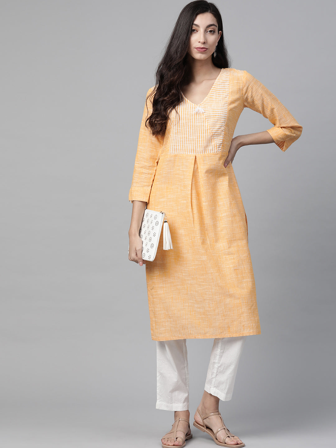 Jompers Women Yellow Pure Cotton Striped Pleated Kurta | Swadesiicart