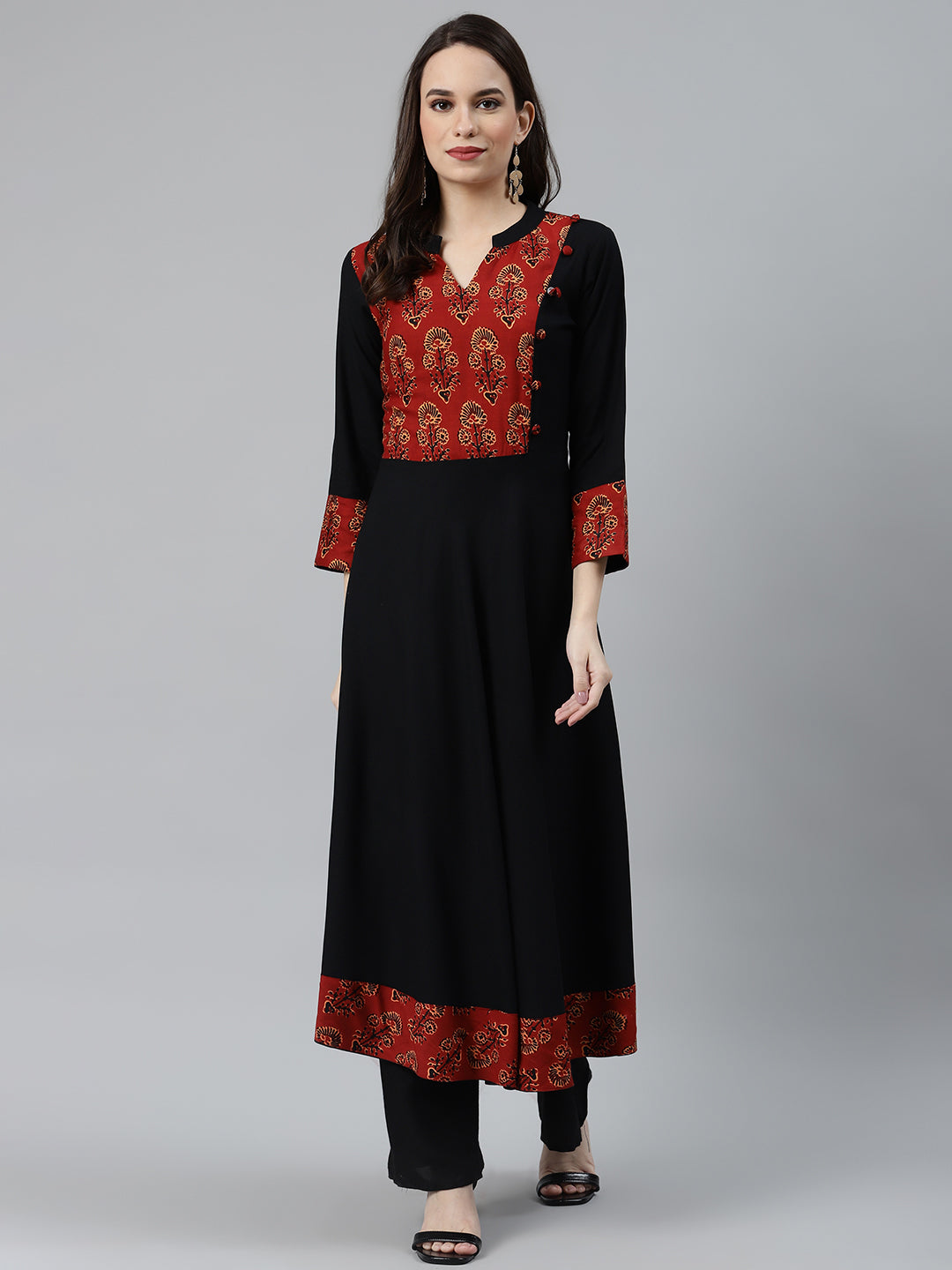 Jompers Women Black & Brown Printed Yoke Design Anarkali Kurta | Swadesiicart