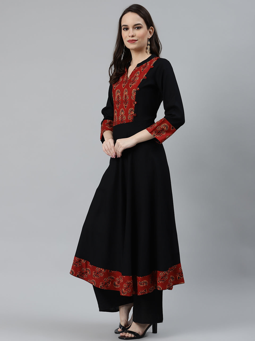 Jompers Women Black & Brown Printed Yoke Design Anarkali Kurta | Swadesiicart