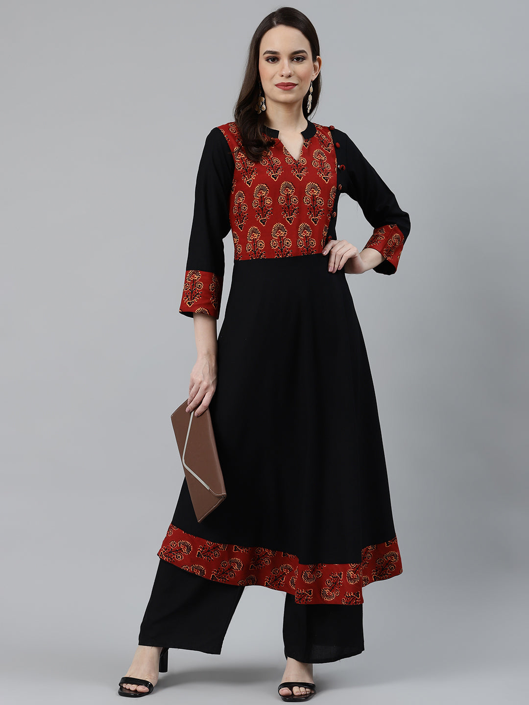 Jompers Women Black & Brown Printed Yoke Design Anarkali Kurta | Swadesiicart