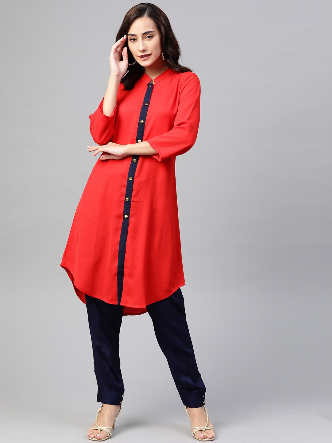 Jompers Women Red & Navy Blue Solid A-line Kurta | Swadesiicart