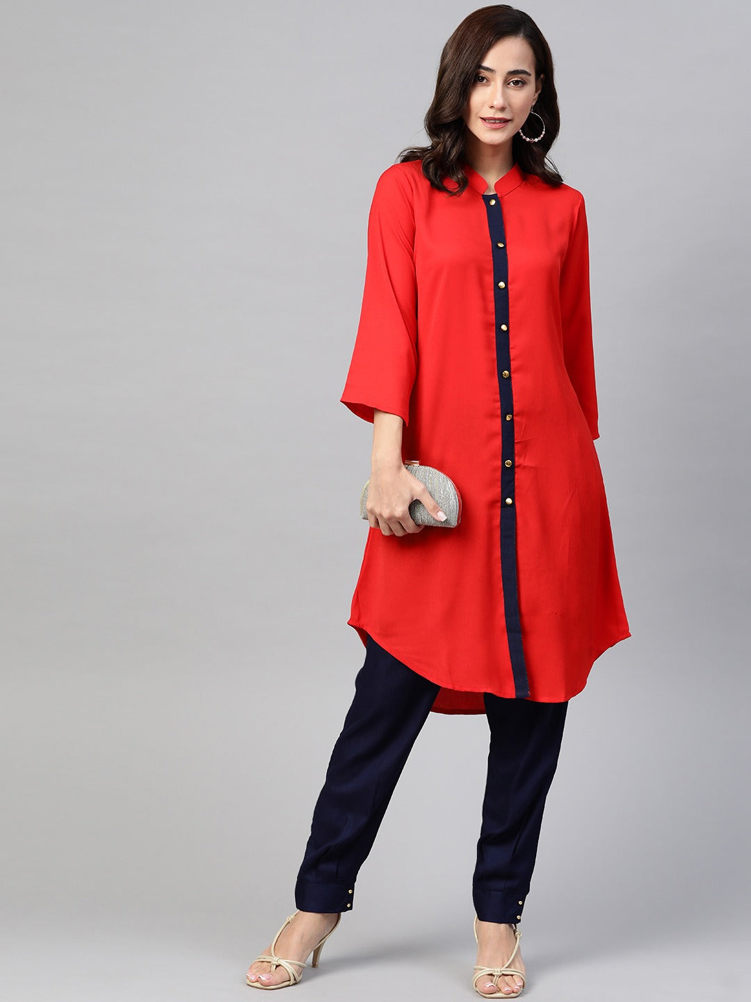 Jompers Women Red & Navy Blue Solid A-line Kurta | Swadesiicart