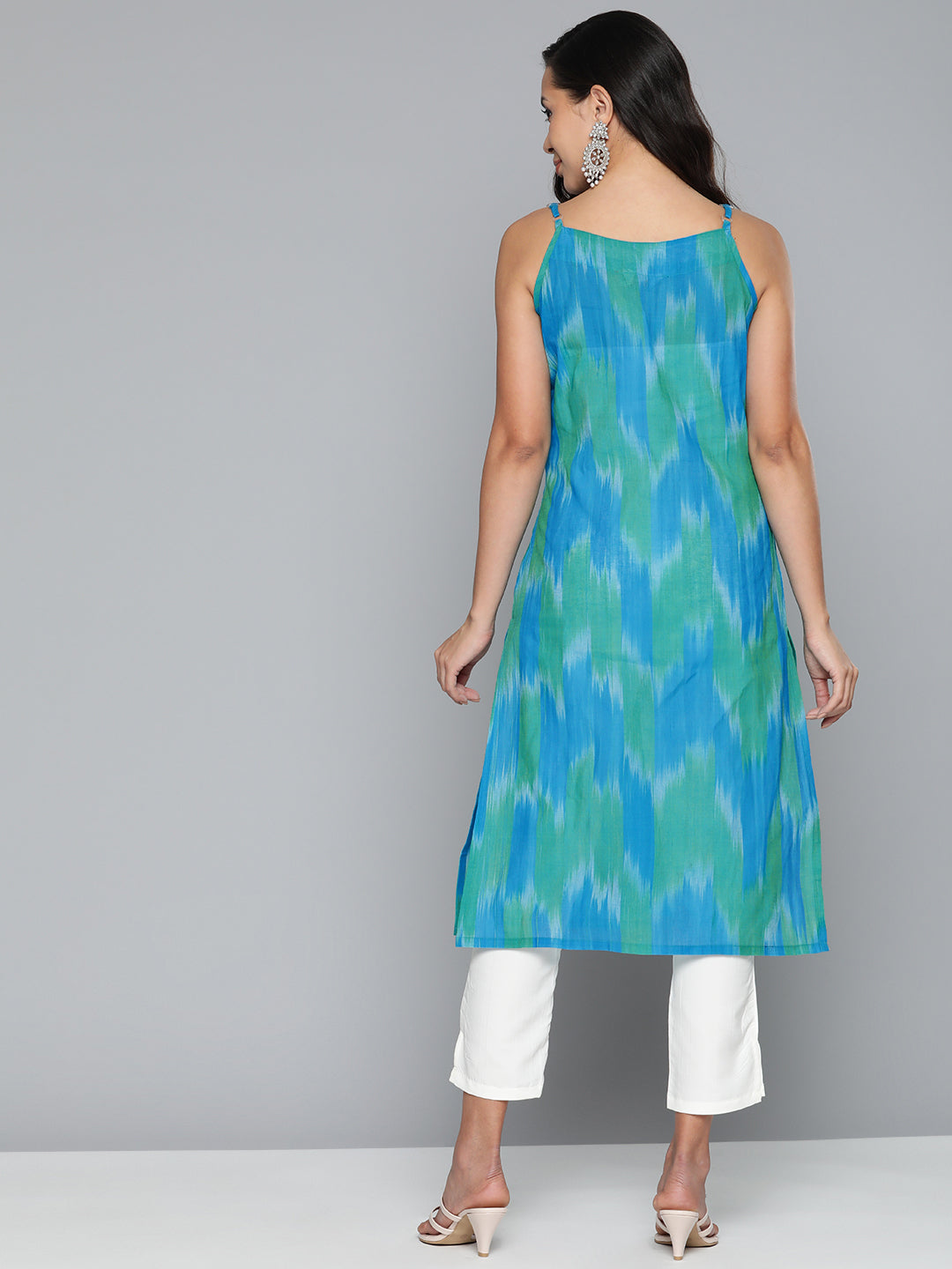 Jompers Women's Pure Cotton Blue Ikkat Kurta - Swadesiicart