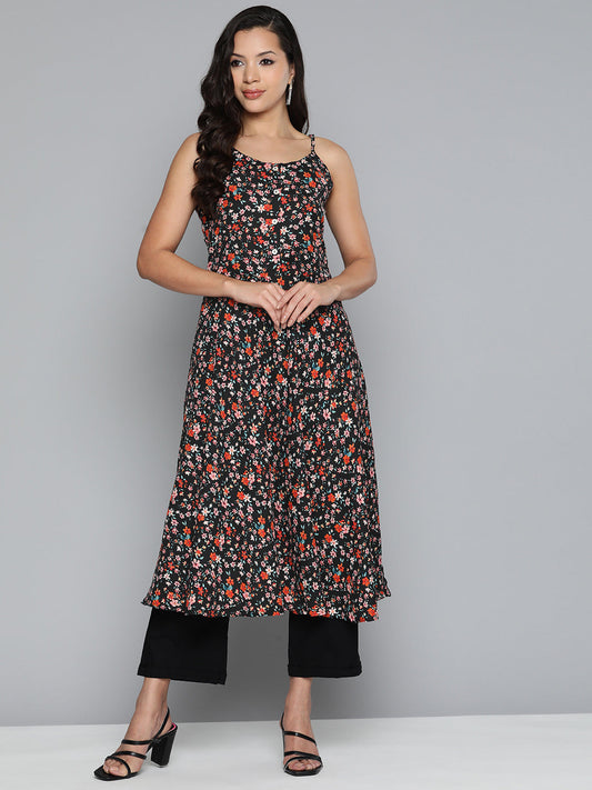 Jompers Women's Floral Printed Floral Georgette Kurta - Black - Swadesiicart