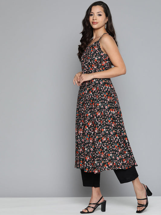 Jompers Women's Floral Printed Floral Georgette Kurta - Black - Swadesiicart