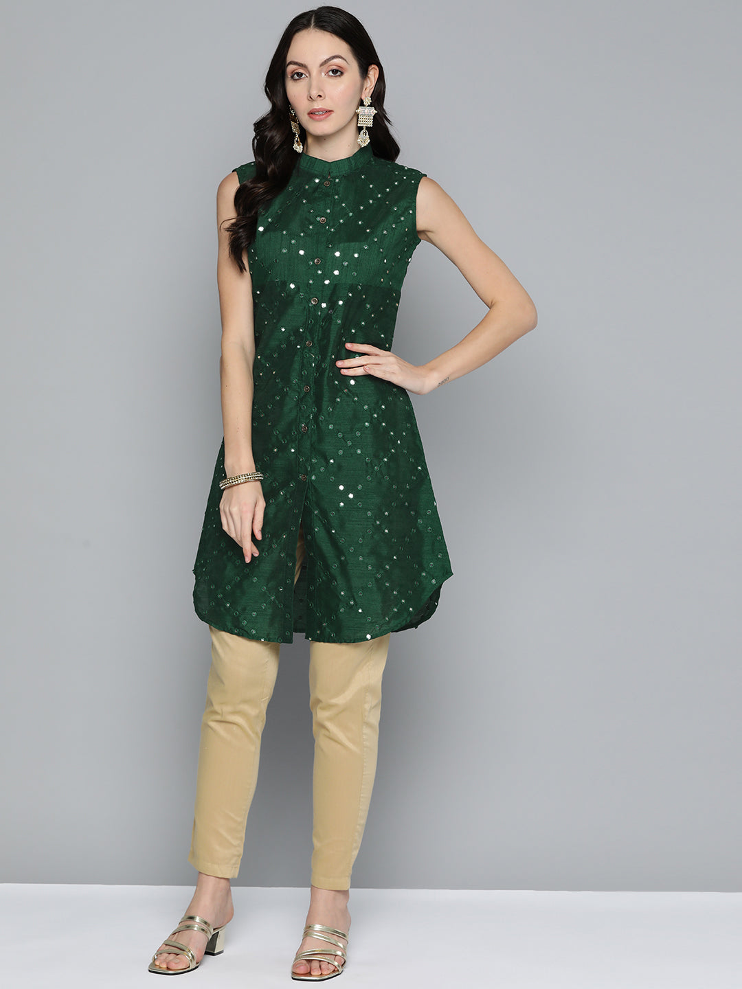 Jompers Women's Geometric Embroidered Mirror Work Kurta - Green - Swadesiicart