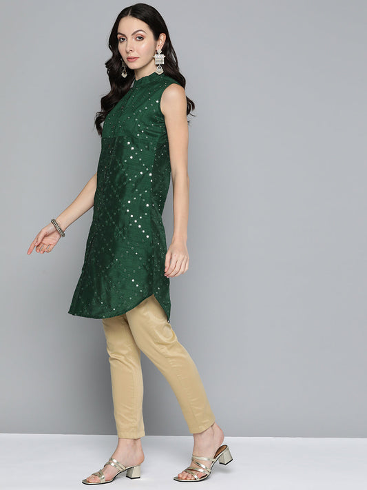 Jompers Women's Geometric Embroidered Mirror Work Kurta - Green - Swadesiicart