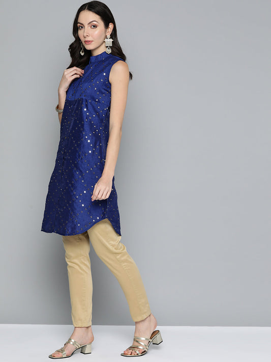 Jompers Women's Geometric Embroidered Mirror Work Kurta - Navy Blue - Swadesiicart