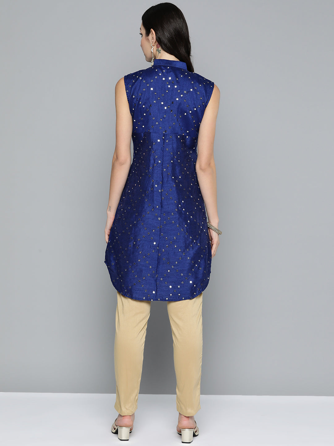 Jompers Women's Geometric Embroidered Mirror Work Kurta - Navy Blue - Swadesiicart
