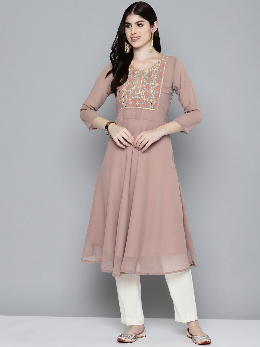 Jompers Women's Embroidered yok flared georgette kurta - Brown - Swadesiicart