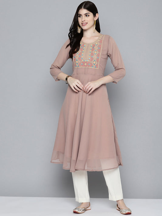 Jompers Women's Embroidered yok flared georgette kurta - Brown - Swadesiicart