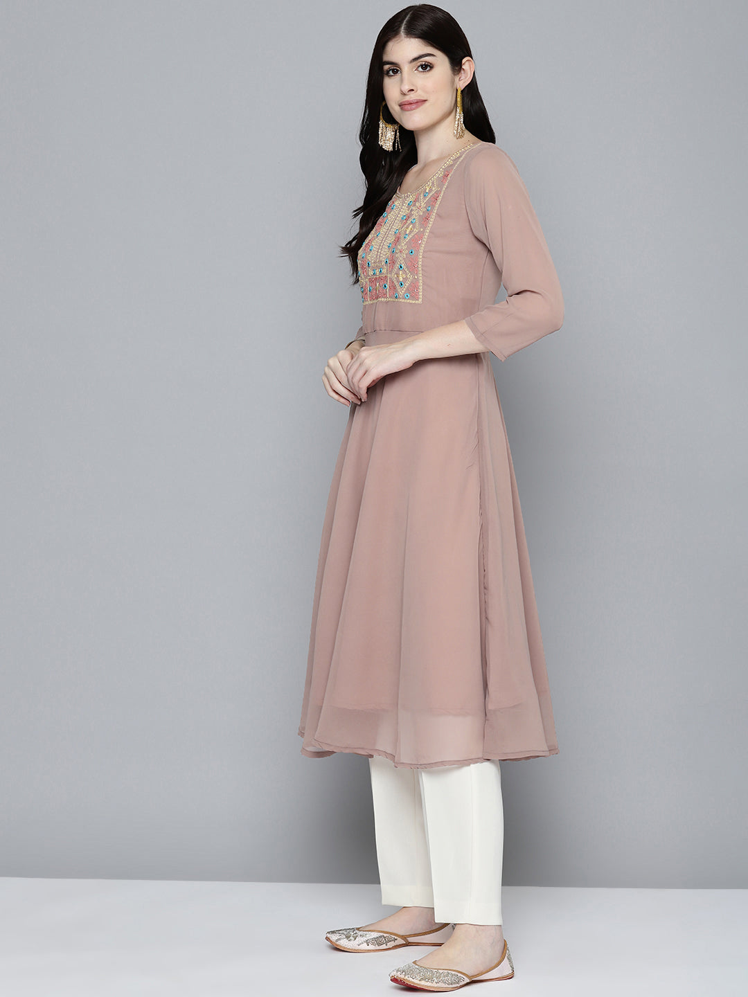 Jompers Women's Embroidered yok flared georgette kurta - Brown - Swadesiicart
