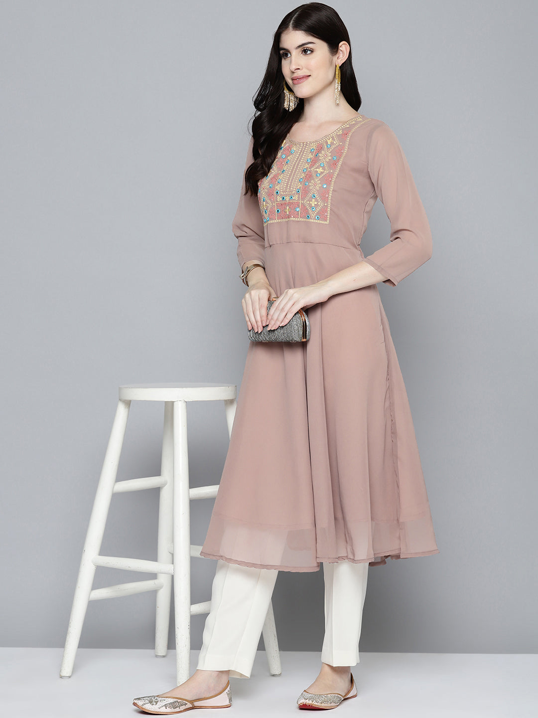 Jompers Women's Embroidered yok flared georgette kurta - Brown - Swadesiicart