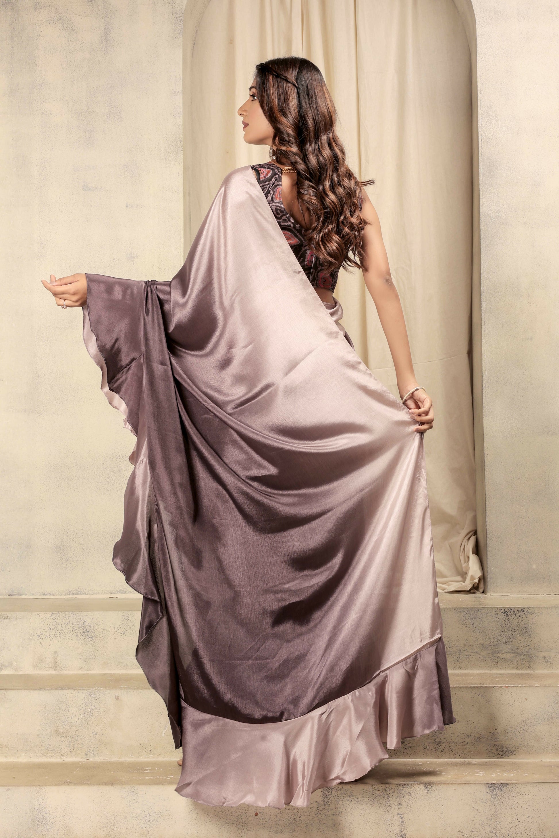 Wine Satin Solid Designer, Printed Party Wear Ready To Wear Saree - Nasreen | Swadesiicart