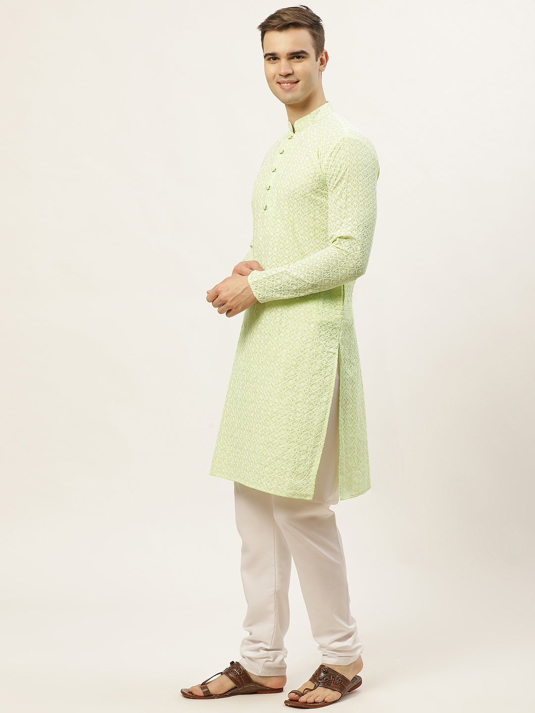 Jompers Men's Green Embroidered Kurta Only | Swadesiicart