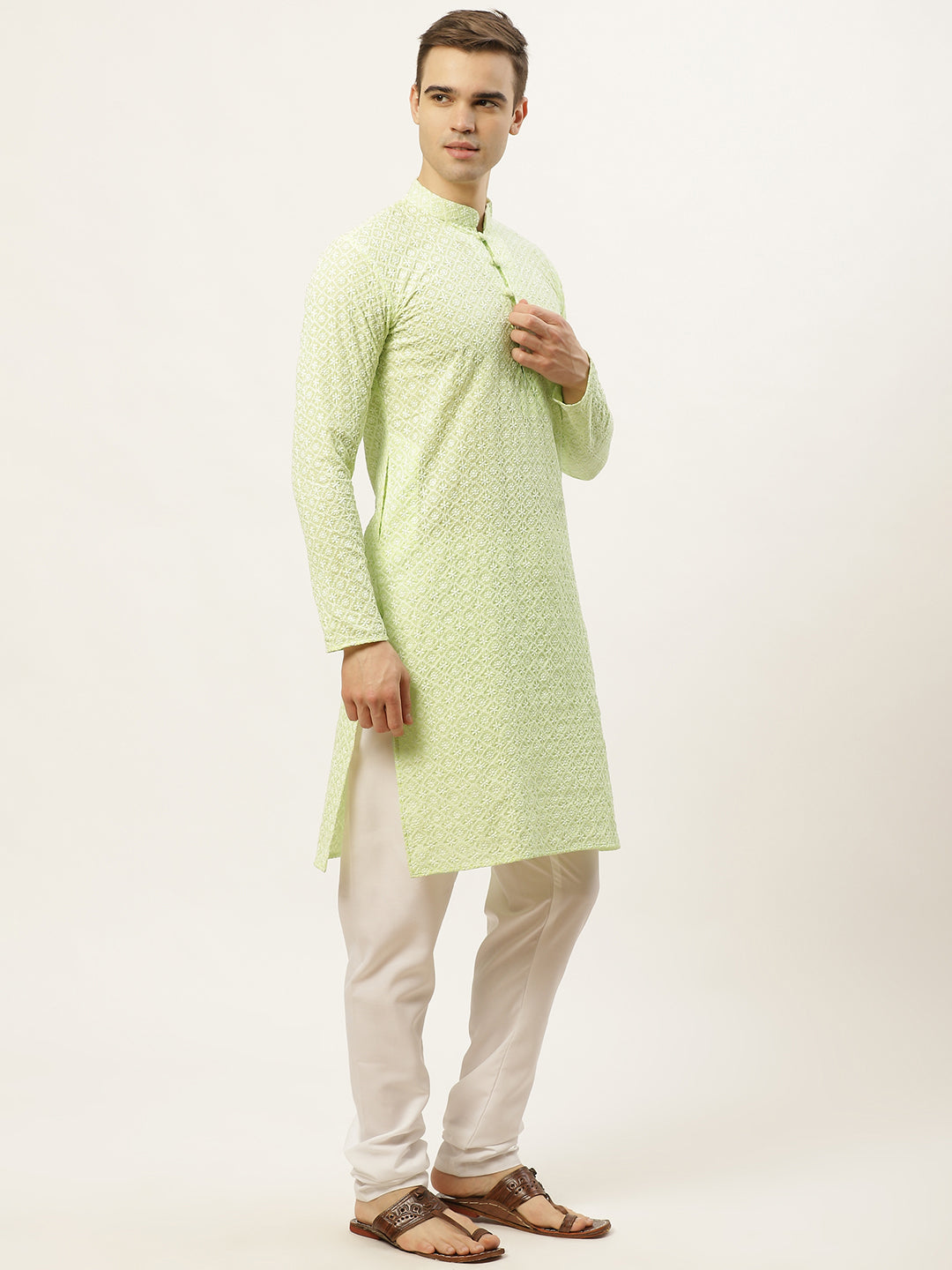 Jompers Men's Green Embroidered Kurta Payjama Sets | Swadesiicart