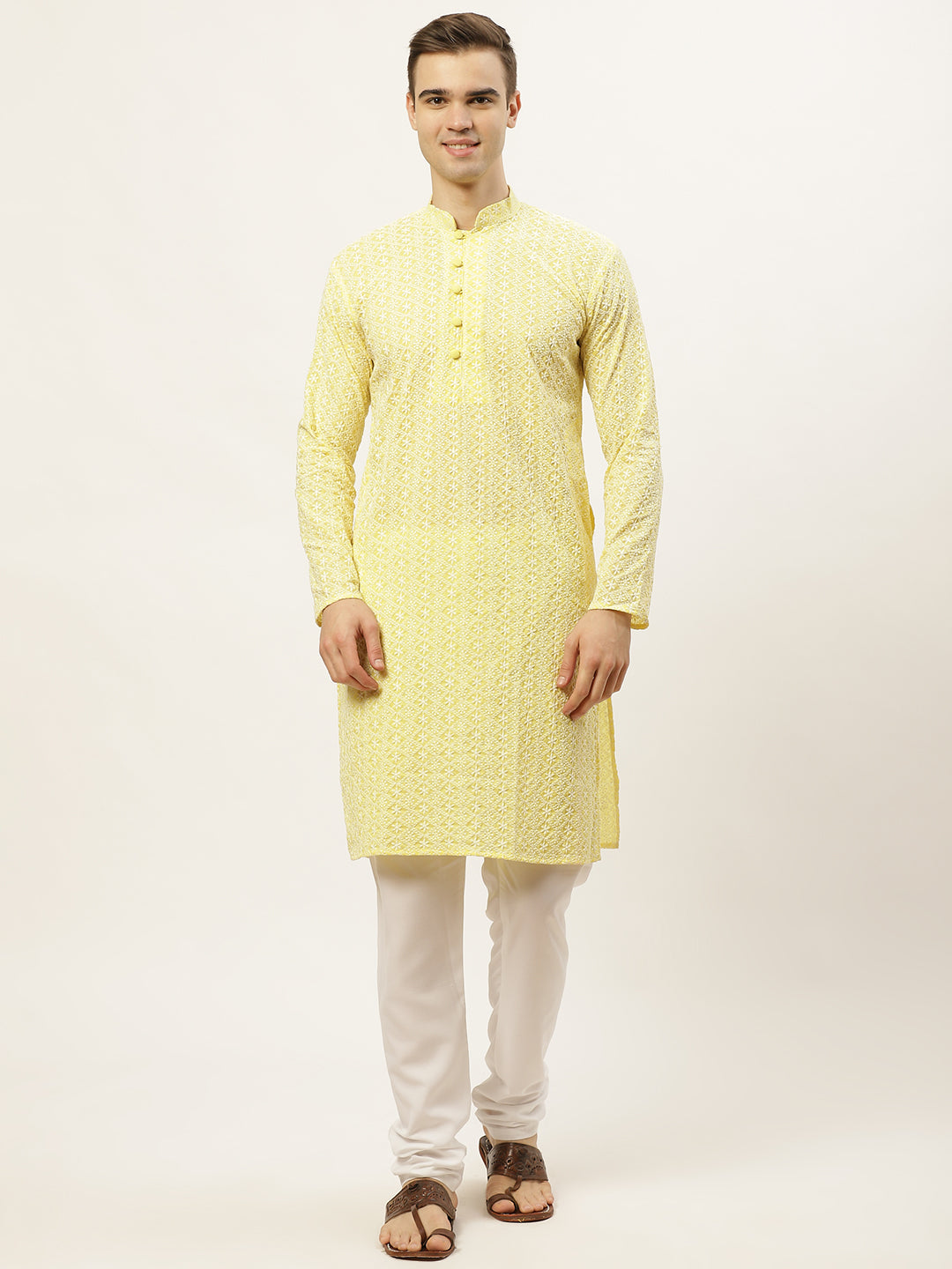 Jompers Men's Yellow Embroidered Kurta Payjama Sets | Swadesiicart