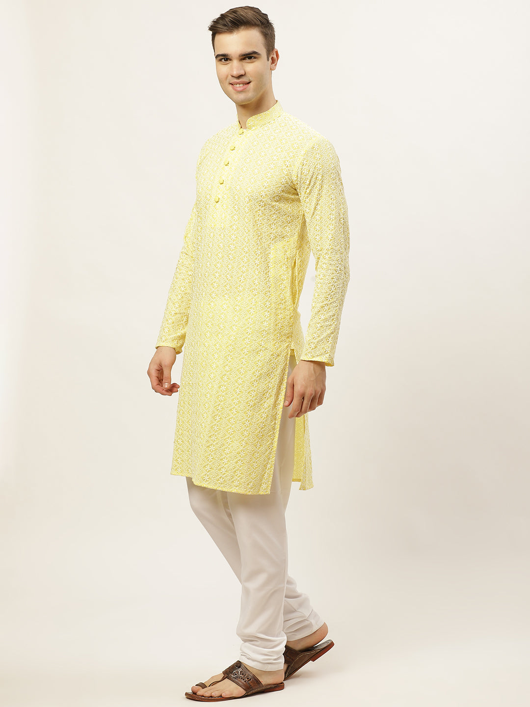 Jompers Men's Yellow Embroidered Kurta Payjama Sets | Swadesiicart