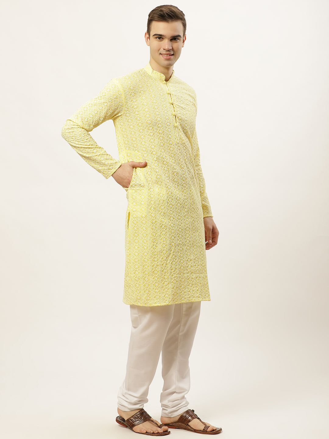Jompers Men's Yellow Embroidered Kurta Payjama Sets | Swadesiicart