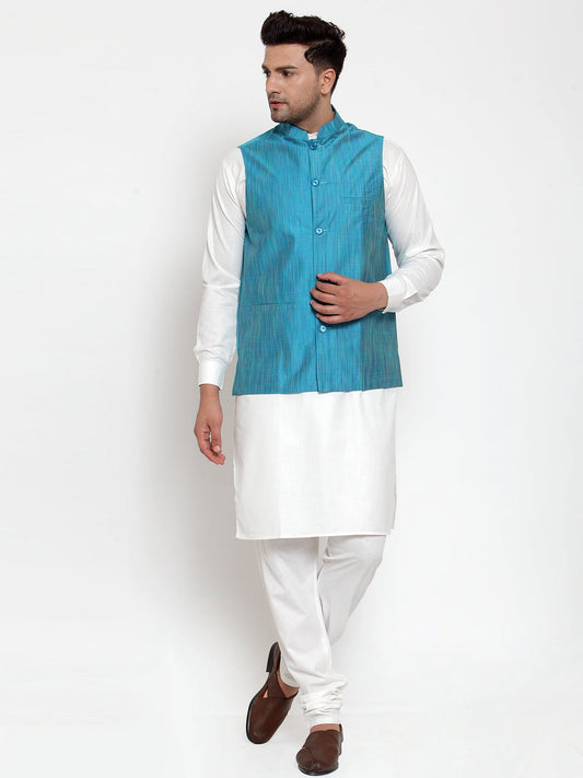 Jompers Men's White Solid Kurta with Pyjamas & Blue Nehru Jacket (Blue-W) | Swadesiicart