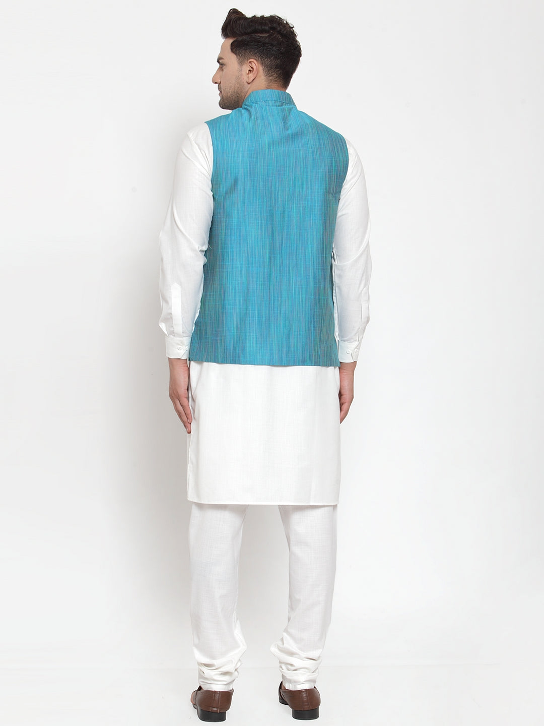Jompers Men's White Solid Kurta with Pyjamas & Blue Nehru Jacket (Blue-W) | Swadesiicart