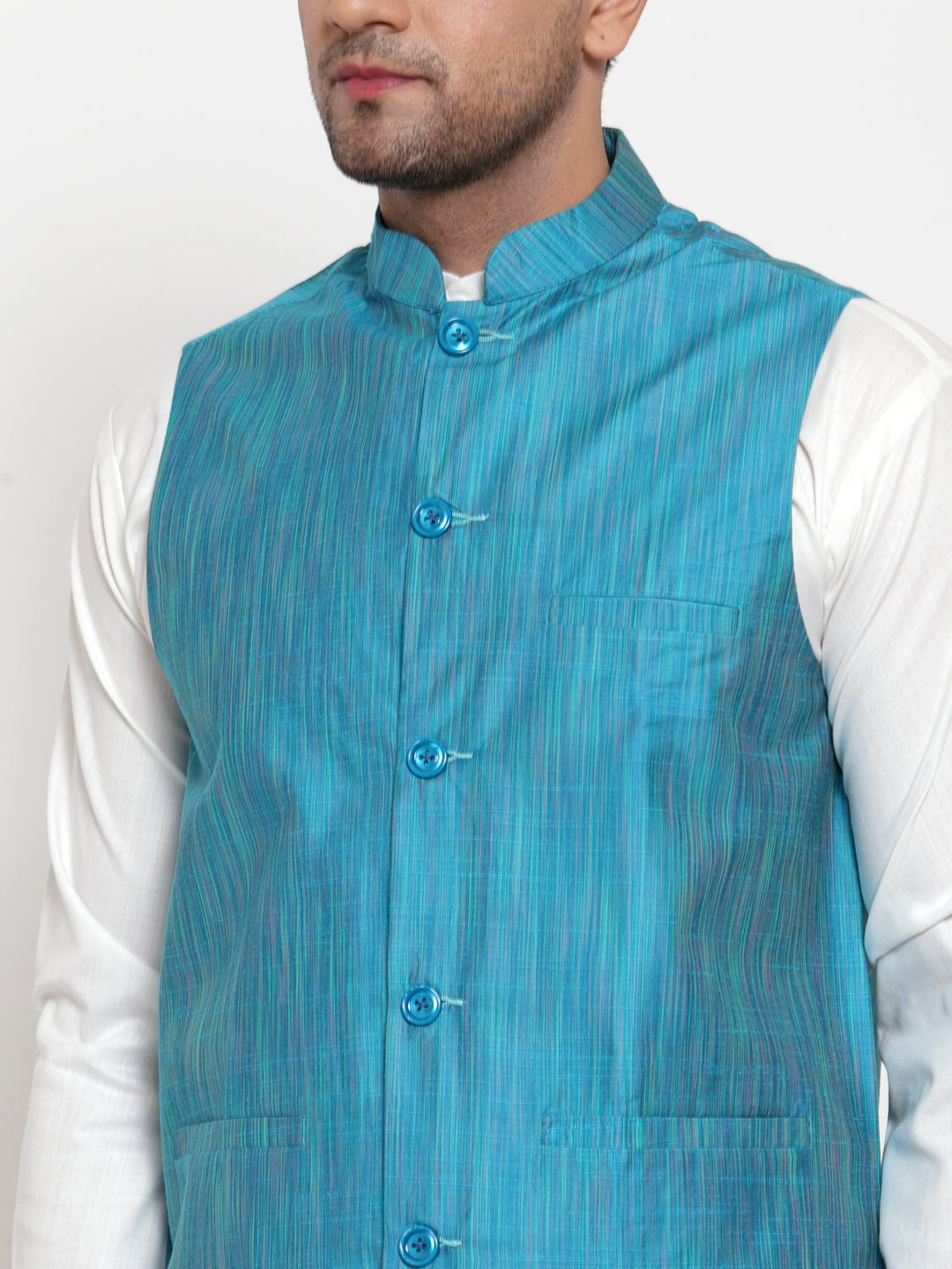 Jompers Men's White Solid Kurta with Pyjamas & Blue Nehru Jacket (Blue-W) | Swadesiicart