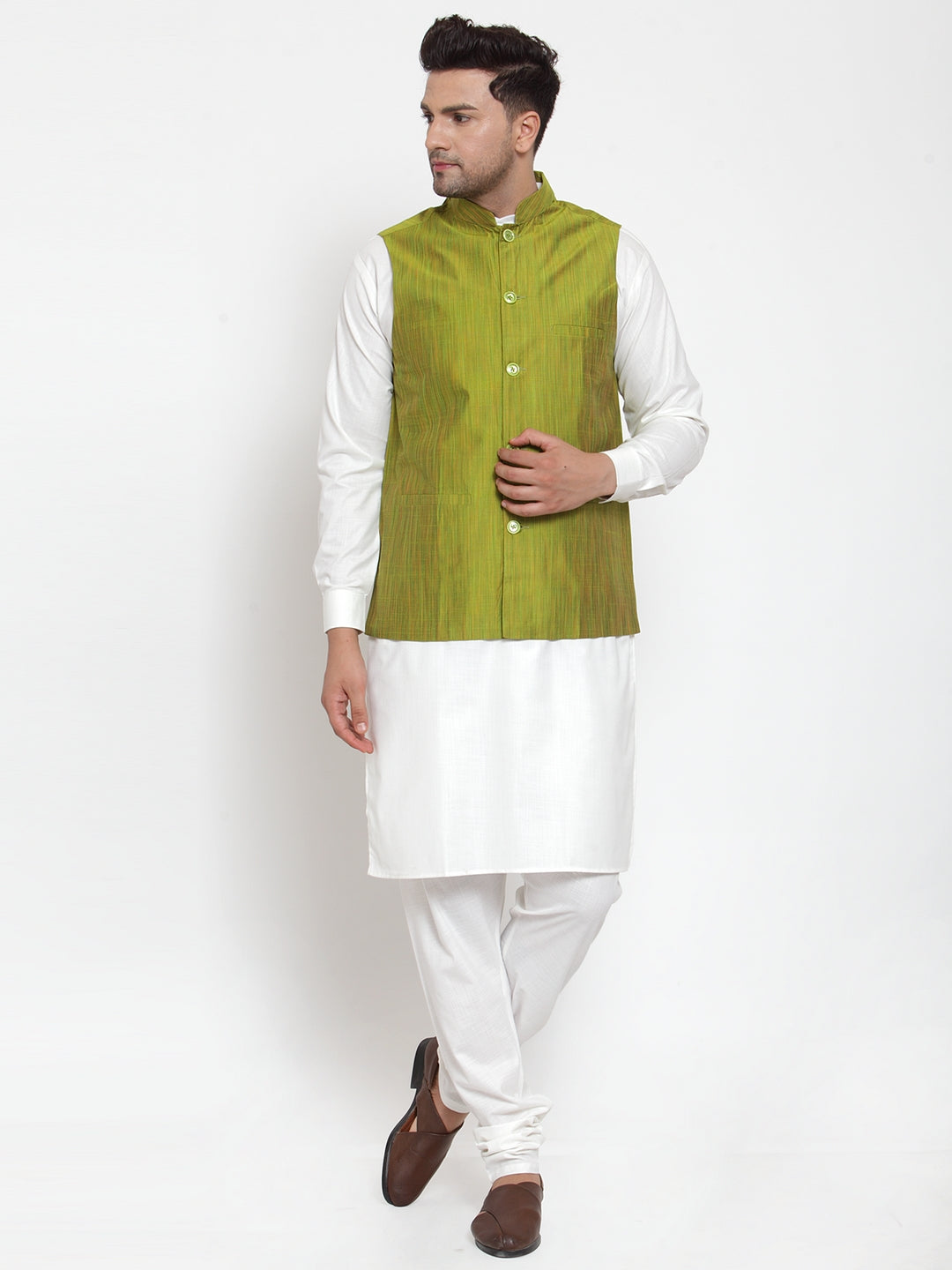 Jompers Men's White Solid Kurta with Pyjamas & Green Nehru Jacket | Swadesiicart
