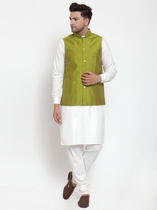 Jompers Men's White Solid Kurta with Pyjamas & Green Nehru Jacket | Swadesiicart