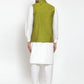 Jompers Men's White Solid Kurta with Pyjamas & Green Nehru Jacket | Swadesiicart