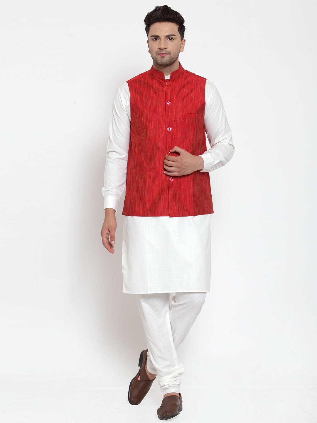 Jompers Men's White Solid Kurta with Pyjamas And Red Nehru Jacket | Swadesiicart