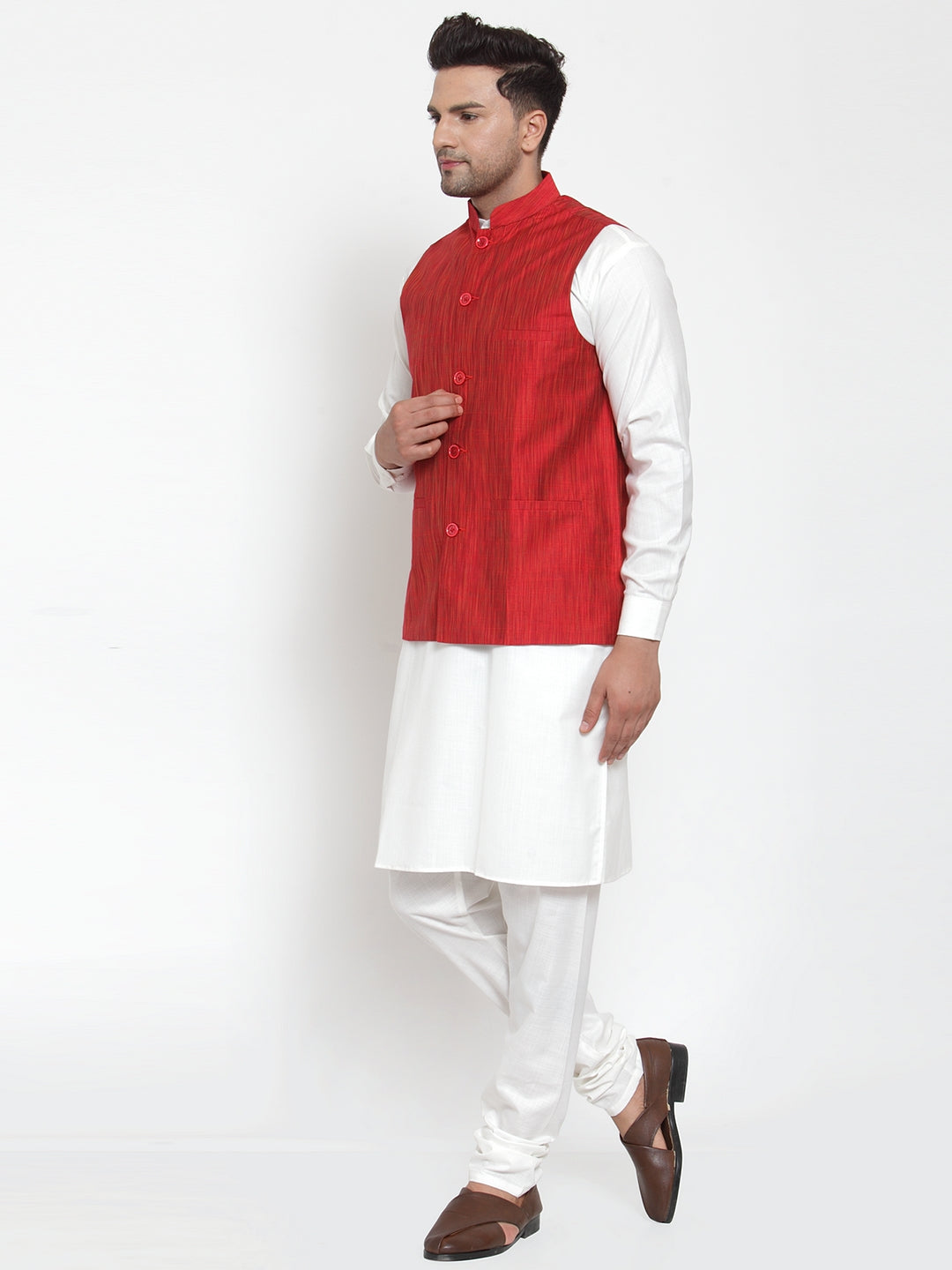 Jompers Men's White Solid Kurta with Pyjamas And Red Nehru Jacket | Swadesiicart