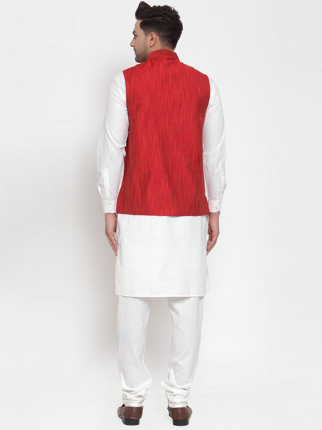 Jompers Men's White Solid Kurta with Pyjamas And Red Nehru Jacket | Swadesiicart