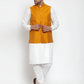 Jompers Men's White Solid Kurta with Pyjamas & Yellow Nehru Jacket | Swadesiicart
