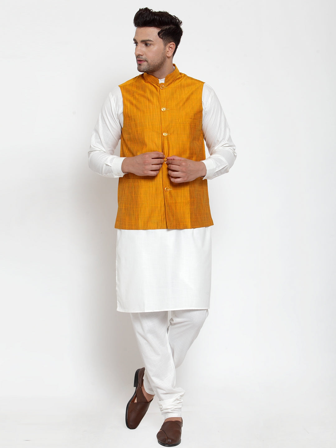 Jompers Men's White Solid Kurta with Pyjamas & Yellow Nehru Jacket | Swadesiicart