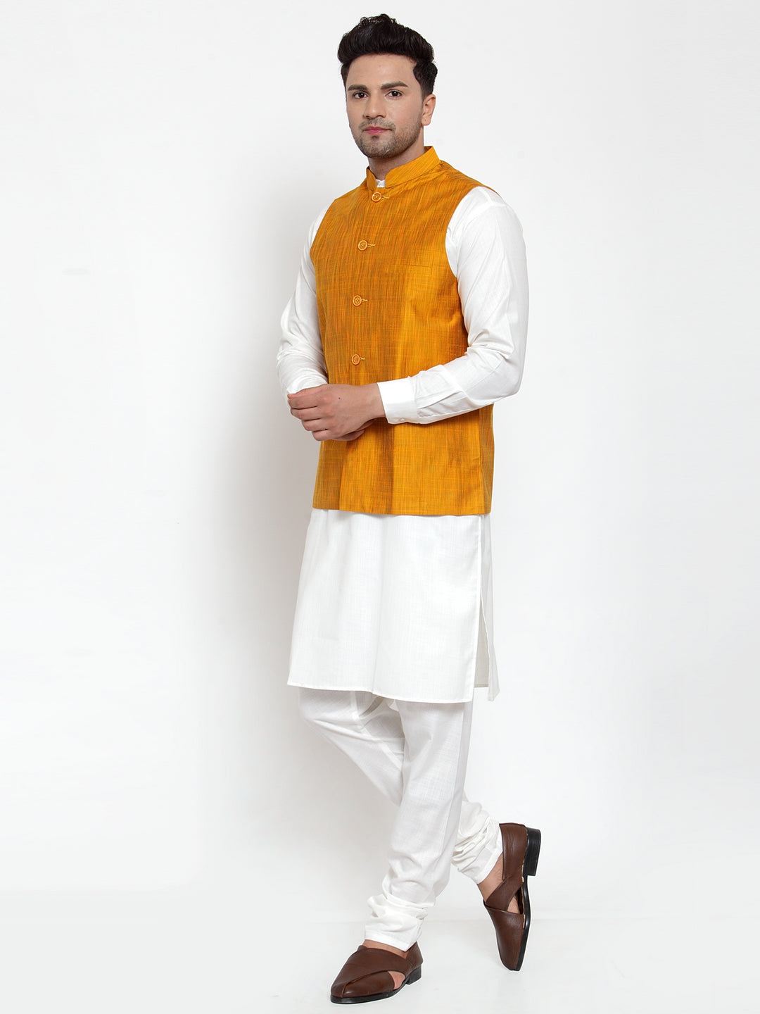 Jompers Men's White Solid Kurta with Pyjamas & Yellow Nehru Jacket | Swadesiicart