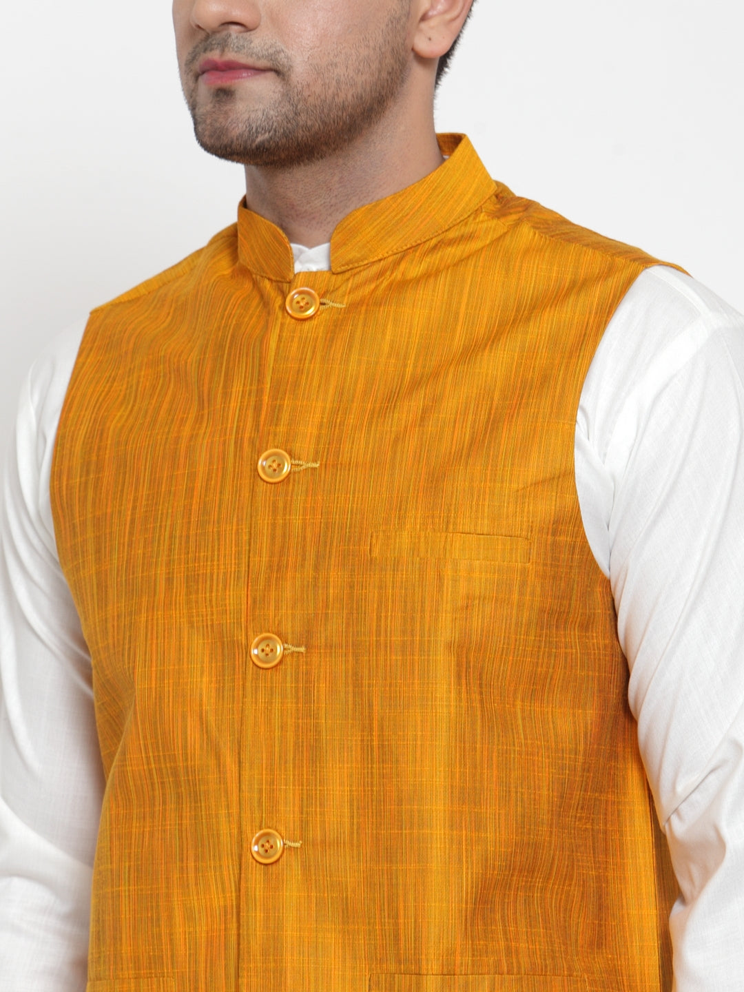Jompers Men's White Solid Kurta with Pyjamas & Yellow Nehru Jacket | Swadesiicart