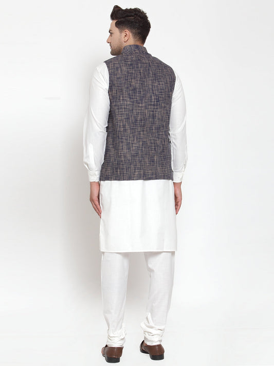 Jompers Men's White Solid Kurta with Pyjamas & Blue Nehru Jacket | Swadesiicart