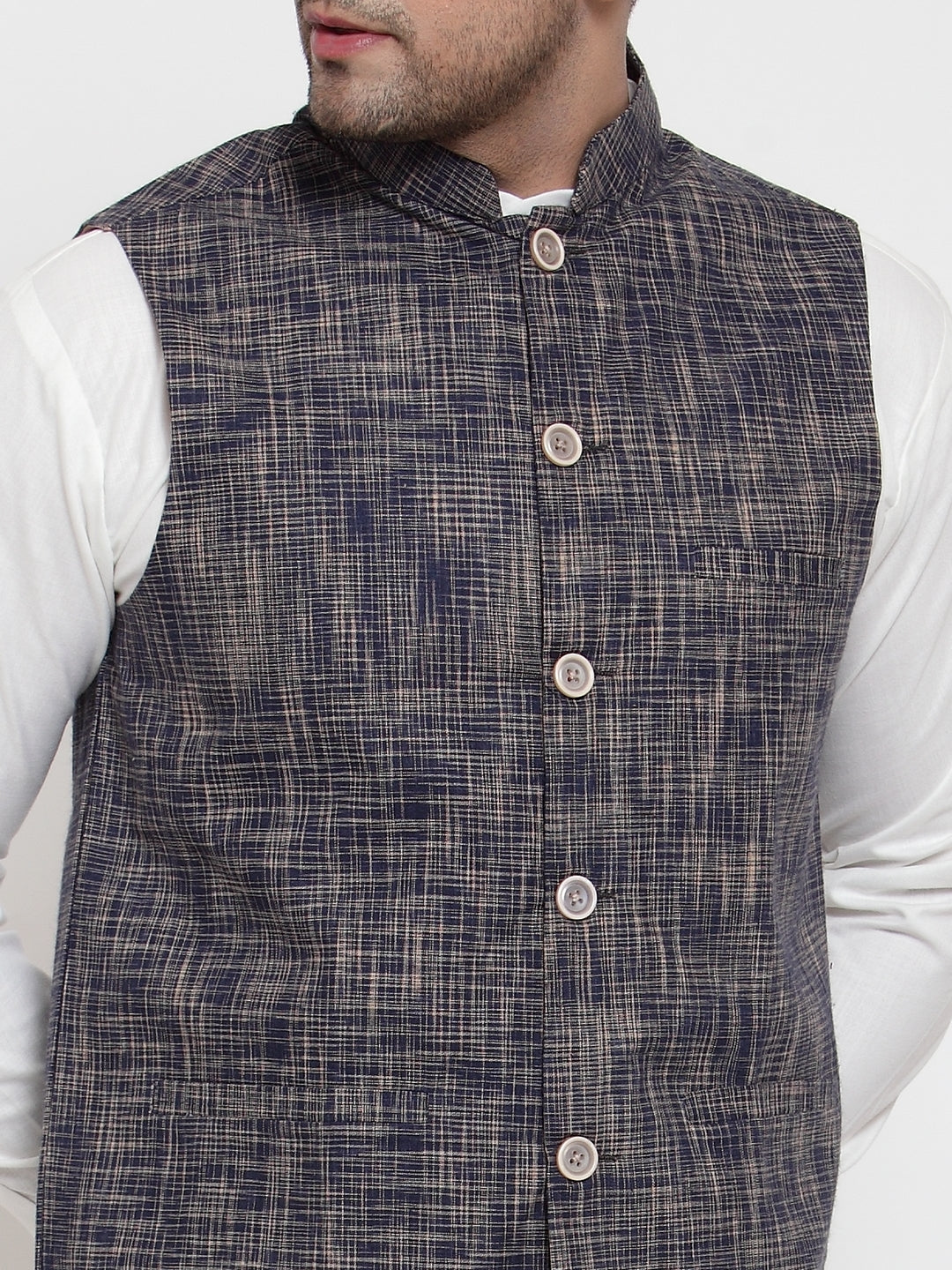 Jompers Men's White Solid Kurta with Pyjamas & Blue Nehru Jacket | Swadesiicart