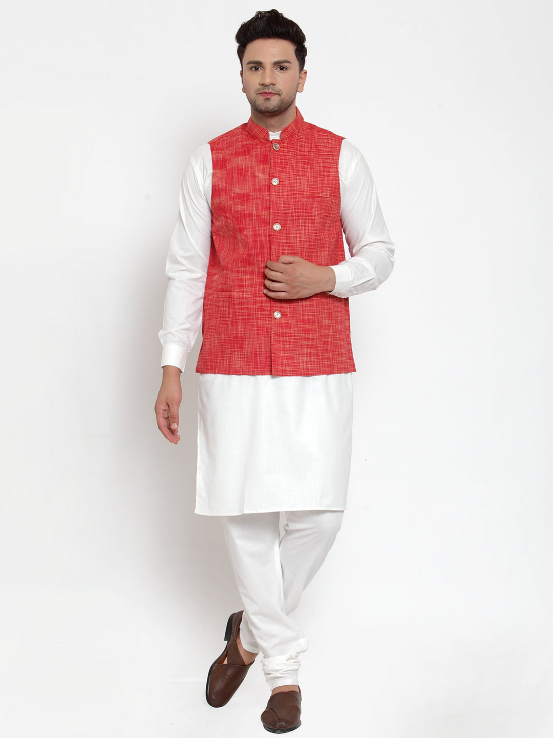 Jompers Men's White Solid Kurta with Pyjamas & Red Nehru Jacket | Swadesiicart