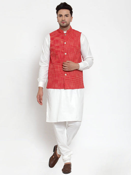 Jompers Men's White Solid Kurta with Pyjamas & Red Nehru Jacket | Swadesiicart