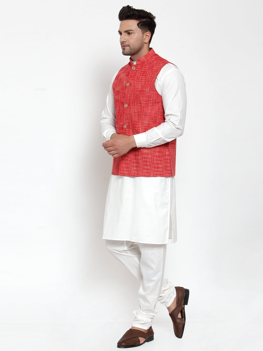 Jompers Men's White Solid Kurta with Pyjamas & Red Nehru Jacket | Swadesiicart