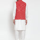 Jompers Men's White Solid Kurta with Pyjamas & Red Nehru Jacket | Swadesiicart